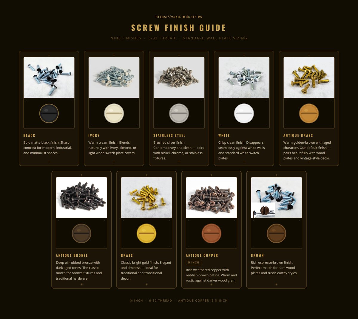 Screw finish guide — black, ivory, stainless steel, white, antique brass, antique bronze, brass, antique copper, and brown decorative wall plate screws